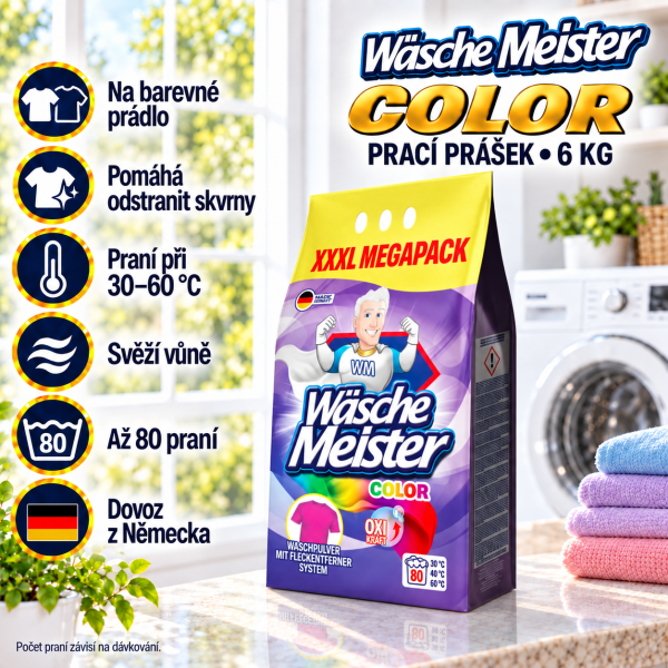 Wäsche Meister Color 6 kg na barevné prádlo v prostředí světlé prádelny s přehledem benefitů