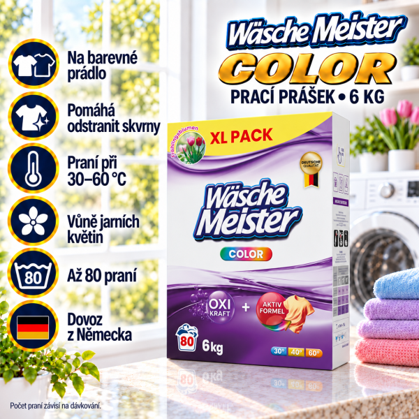 Wäsche Meister Color v kartonu 6 kg na barevné prádlo s vůní jarních květin v prostředí světlé prádelny
