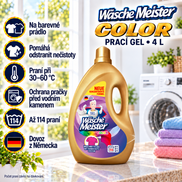 Wäsche Meister Color gel 4 l na barevné prádlo v prostředí světlé prádelny s přehledem benefitů