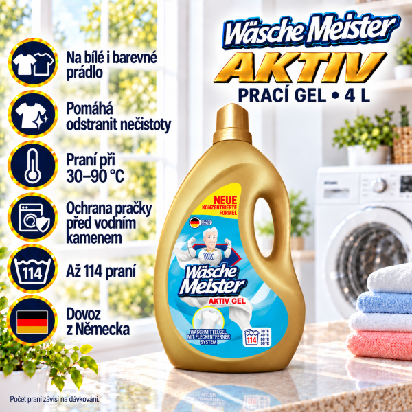 Wäsche Meister Aktiv gel 4 l na bílé a barevné prádlo v prostředí světlé prádelny s přehledem benefitů