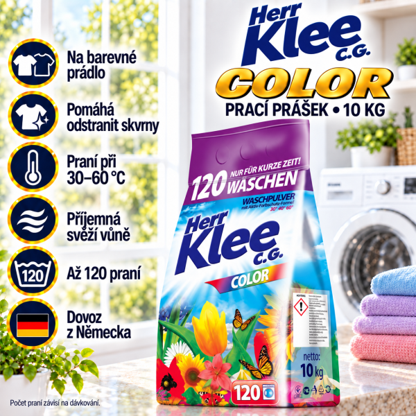 Klee Color prací prášek 10 kg na barevné prádlo v prostředí světlé prádelny s přehledem benefitů