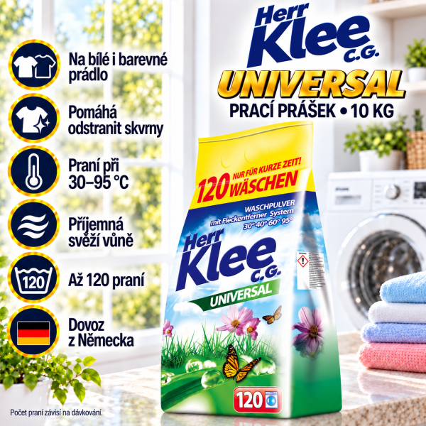Klee Universal prací prášek 10 kg na bílé a barevné prádlo v prostředí světlé prádelny s přehledem benefitů