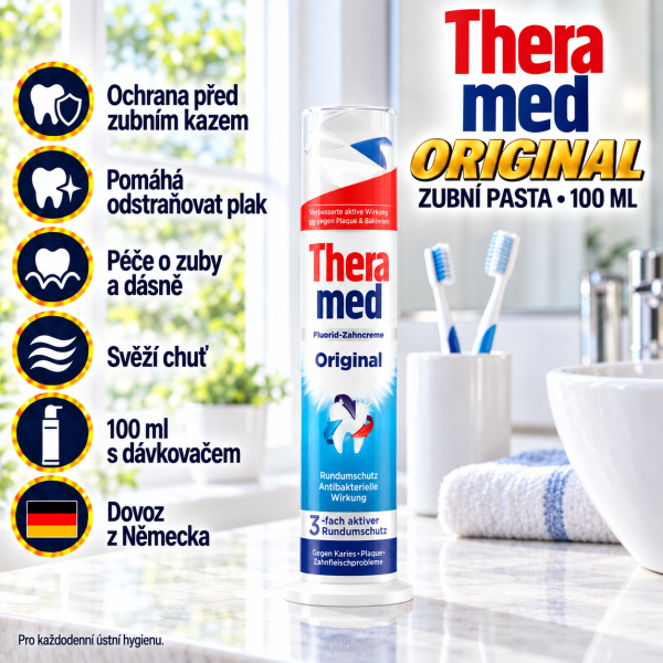 Theramed Original zubní pasta 100 ml s dávkovačem ve světlé koupelně s přehledem benefitů