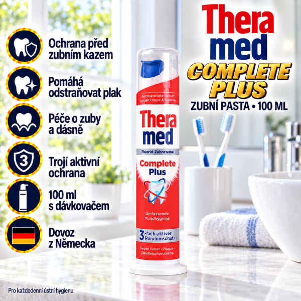 Theramed Complete Plus zubní pasta 100 ml s dávkovačem ve světlé koupelně s přehledem benefitů