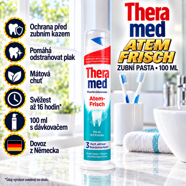 Theramed Atem Frisch zubní pasta 100 ml s dávkovačem ve světlé koupelně s přehledem benefitů