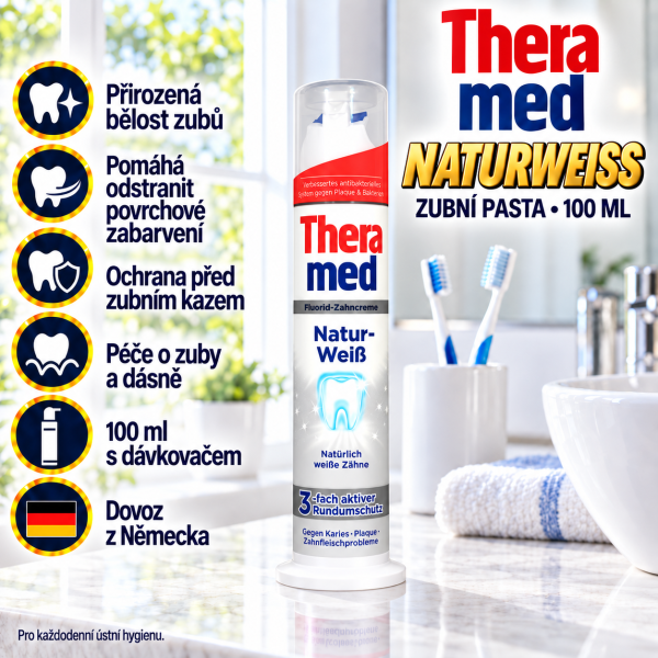 Theramed Naturweiß zubní pasta 100 ml s dávkovačem ve světlé koupelně s přehledem benefitů