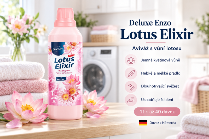 Deluxe Enzo Lotus Elixir aviváž 1 l ve světlé prádelně s lotosovými květy a přehledem benefitů