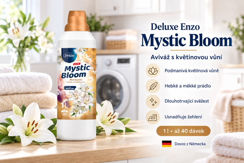 Deluxe Enzo Mystic Bloom aviváž 1 l ve světlé prádelně s bílými květy a přehledem benefitů