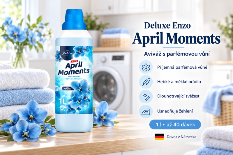 Deluxe Enzo April Moments aviváž 1 l ve světlé prádelně s modrými květy a přehledem benefitů
