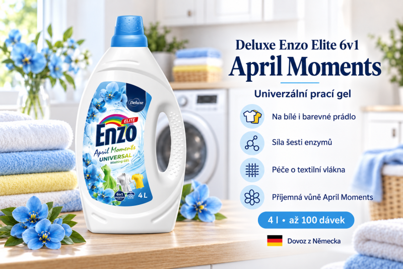 Deluxe Enzo April Moments Universal prací gel 4 l ve světlé prádelně s bílým i barevným prádlem a přehledem benefitů