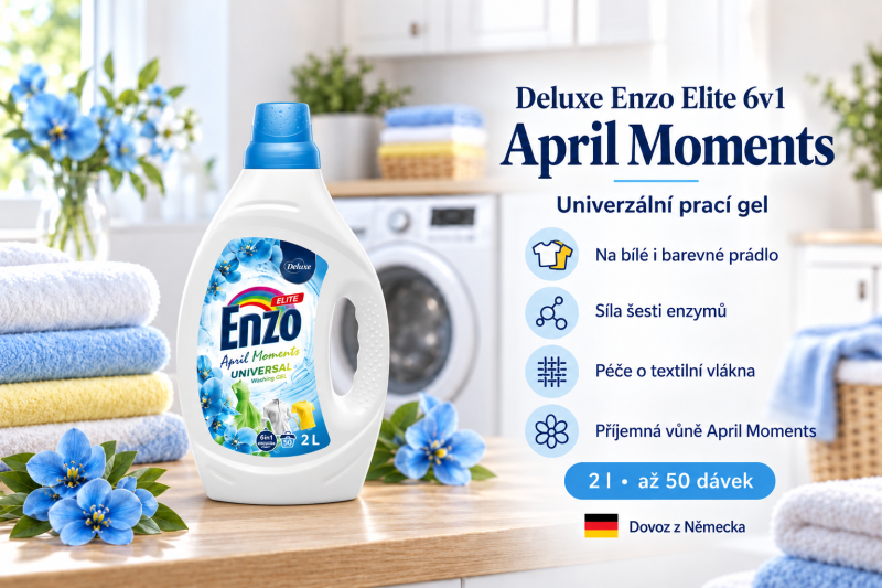 Deluxe Enzo April Moments Universal prací gel 2 l až na 50 dávek ve světlé prádelně s přehledem benefitů