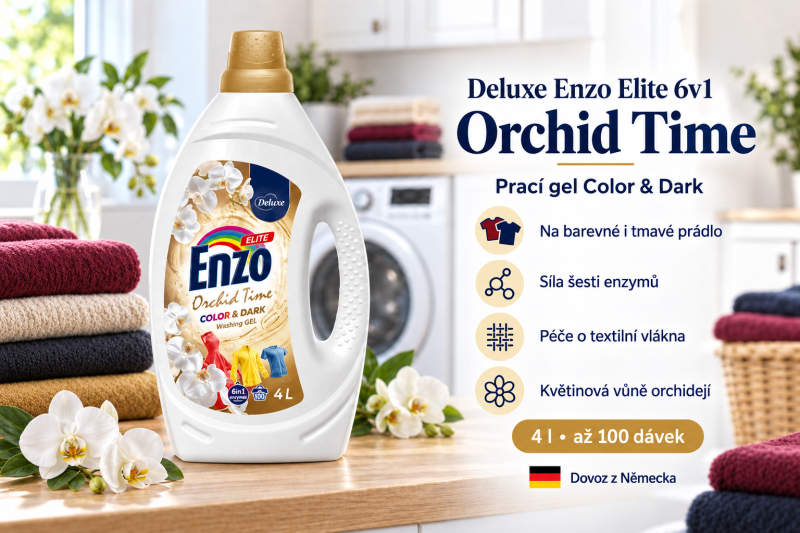 Deluxe Enzo Orchid Time Color & Dark prací gel 4 l až na 100 dávek ve světlé prádelně s přehledem benefitů