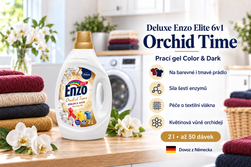 Deluxe Enzo Orchid Time Color & Dark prací gel 2 l až na 50 dávek ve světlé prádelně s přehledem benefitů
