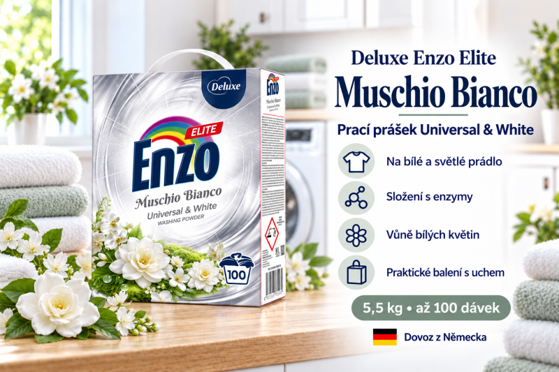 Deluxe Enzo Elite Muschio Bianco prací prášek 5,5 kg až na 100 dávek ve světlé prádelně s bílými květinami a přehledem benefitů