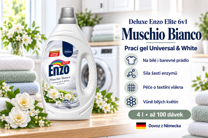 Deluxe Enzo Elite Muschio Bianco prací gel 4 l až na 100 dávek ve světlé prádelně s bílými květinami a přehledem benefitů