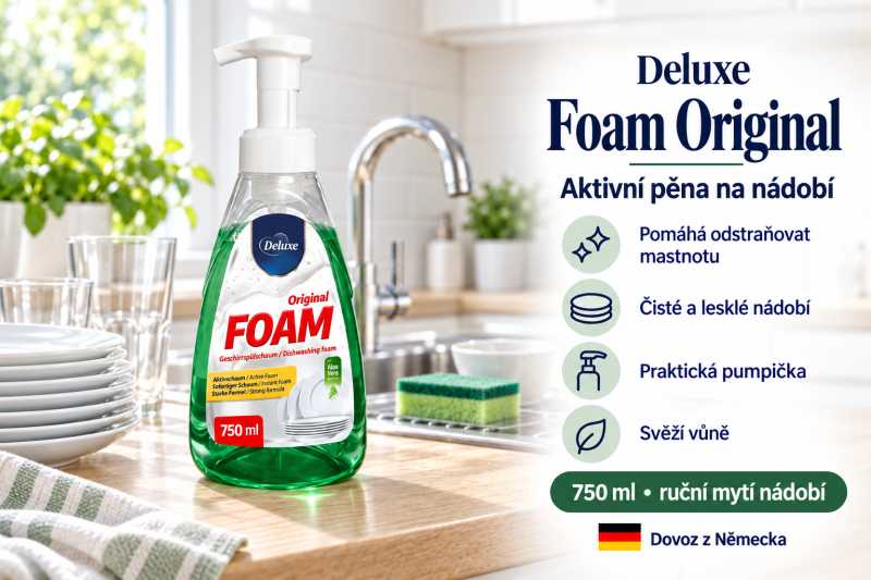 Deluxe Foam Original aktivní pěna na nádobí 750 ml ve světlé kuchyni s čistým nádobím a přehledem benefitů