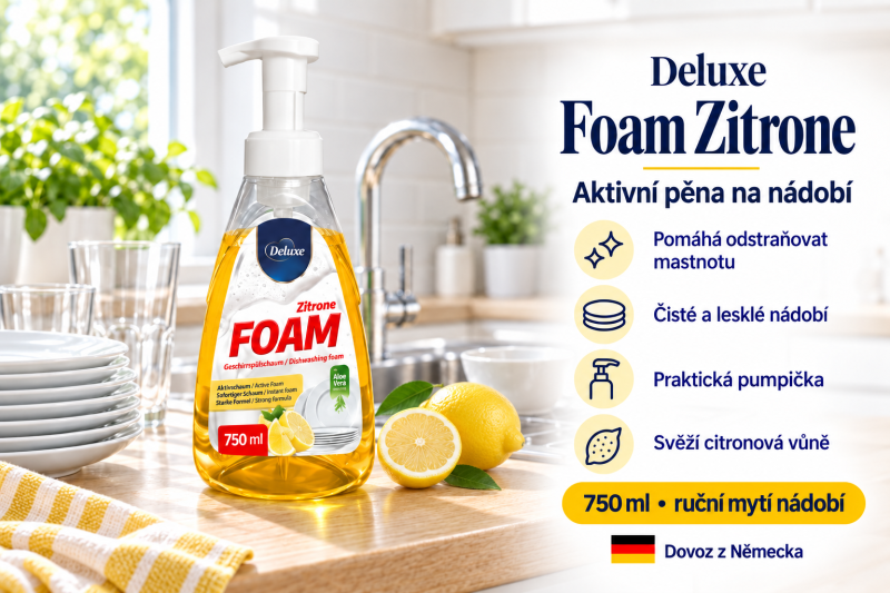 Deluxe Foam Zitrone aktivní pěna na nádobí 750 ml ve světlé kuchyni s citrony a přehledem benefitů