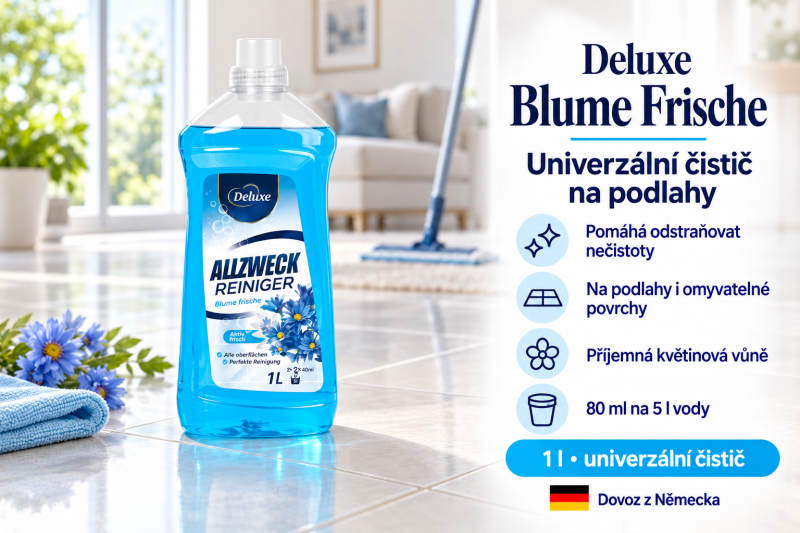 Deluxe Allzweck Blume Frische čistič na podlahy 1 l ve světlém interiéru s modrými květinami a přehledem benefitů