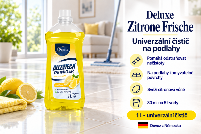 Deluxe Allzweck Zitrone Frische čistič na podlahy 1 l ve světlém interiéru s citrony a přehledem benefitů