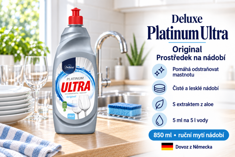 Deluxe Platinum Ultra Original prostředek na nádobí 850 ml ve světlé kuchyni s čistým nádobím a přehledem benefitů
