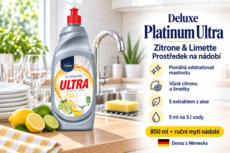 Deluxe Platinum Ultra Zitrone & Limette 850 ml ve světlé kuchyni s citronem, limetkou a přehledem benefitů