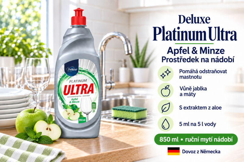 Deluxe Platinum Ultra Apfel & Minze 850 ml ve světlé kuchyni s jablkem, mátou a přehledem benefitů