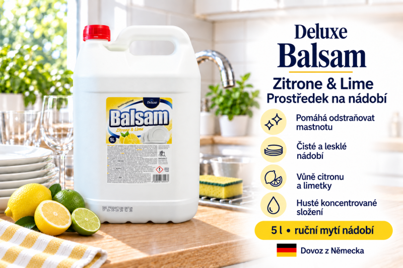 Deluxe Balsam Zitrone & Lime 5 l ve světlé kuchyni s citronem, limetkou a přehledem benefitů