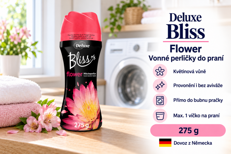 Deluxe Bliss Flower vonné perličky 275 g ve světlé prádelně s růžovými květinami a přehledem benefitů