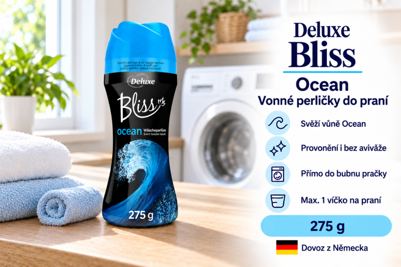 Deluxe Bliss Ocean vonné perličky 275 g ve světlé prádelně s bílými a modrými ručníky a přehledem benefitů