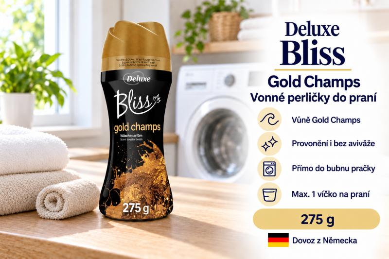Deluxe Bliss Gold Champs vonné perličky 275 g ve světlé prádelně s bílými a béžovými ručníky a přehledem benefitů