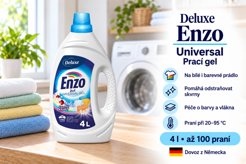 Deluxe Enzo Universal prací gel 4 l na 100 dávek ve světlé prádelně s bílým a barevným prádlem a přehledem benefitů