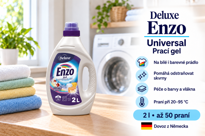Deluxe Enzo Universal prací gel 2 l na 50 dávek ve světlé prádelně s bílým a barevným prádlem a přehledem benefitů