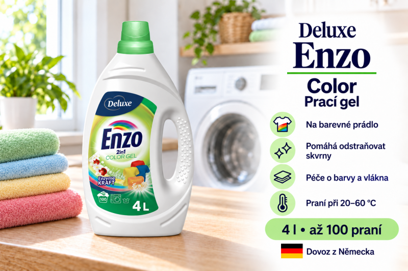 Deluxe Enzo Color prací gel 4 l na 100 dávek ve světlé prádelně s barevným prádlem a přehledem benefitů