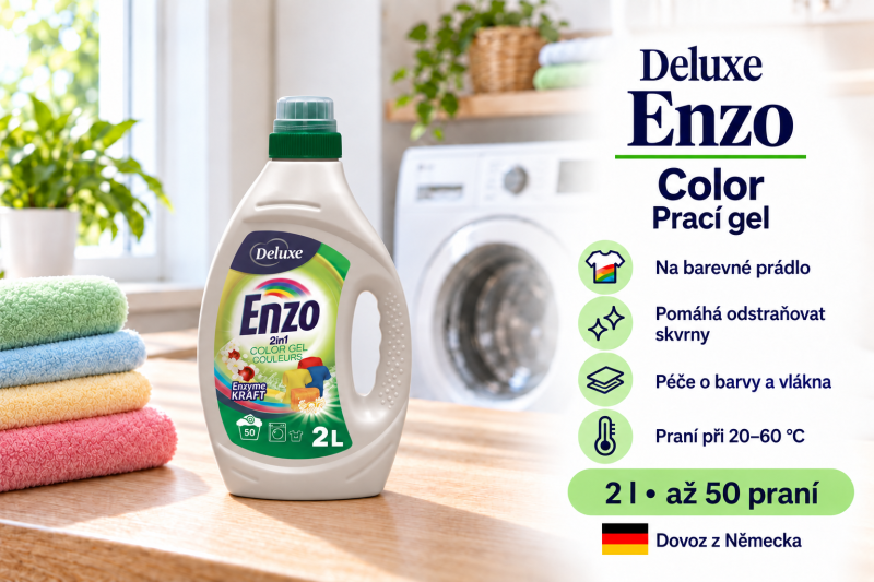Deluxe Enzo Color prací gel 2 l na 50 dávek ve světlé prádelně s barevným prádlem a přehledem benefitů