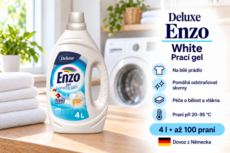 Deluxe Enzo White prací gel 4 l na 100 dávek ve světlé prádelně s bílým prádlem a přehledem benefitů