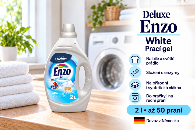 Deluxe Enzo White prací gel 2 l na 50 dávek ve světlé prádelně s bílým prádlem a přehledem benefitů