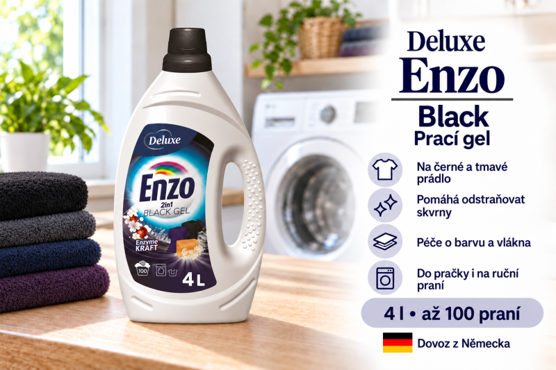 Deluxe Enzo Black prací gel 4 l na 100 dávek ve světlé prádelně s tmavým prádlem a přehledem benefitů