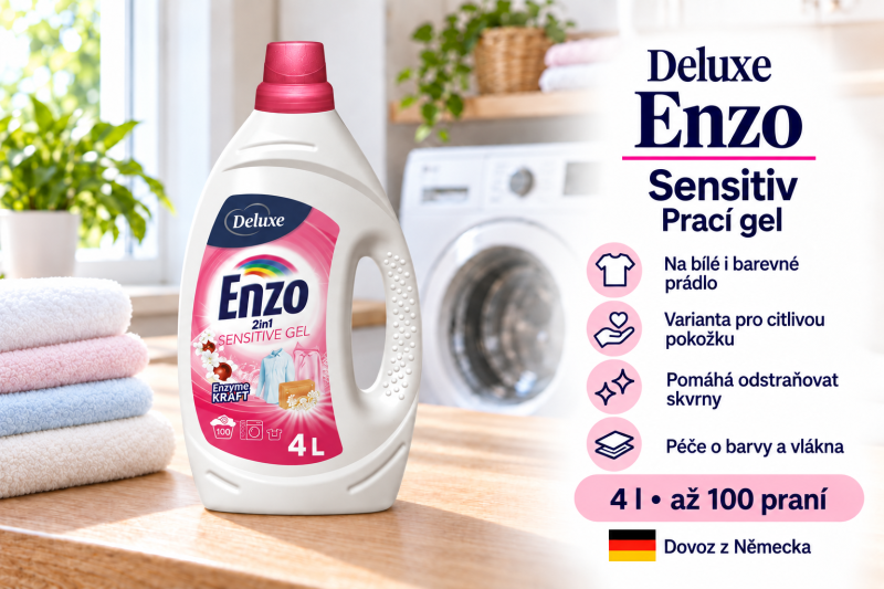 Deluxe Enzo Sensitiv prací gel 4 l na 100 dávek ve světlé prádelně s pastelovým prádlem a přehledem benefitů