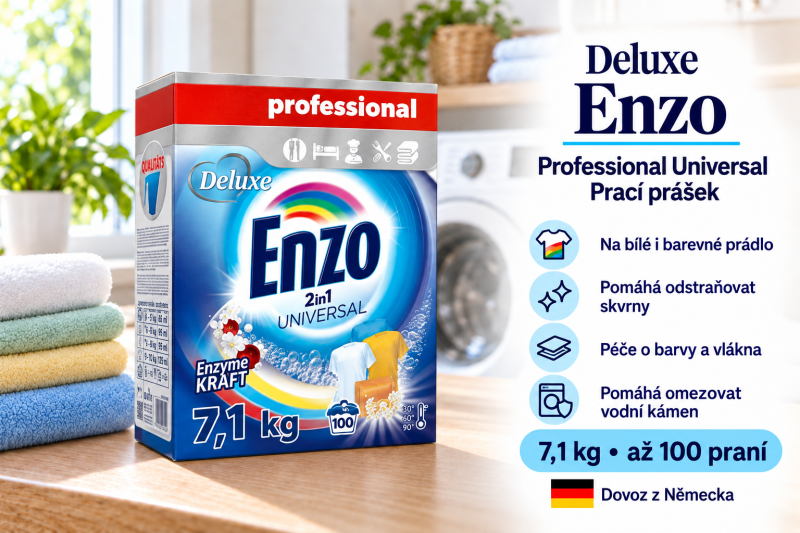 Deluxe Enzo Professional Universal prací prášek 7,1 kg na až 100 dávek ve světlé prádelně s přehledem benefitů