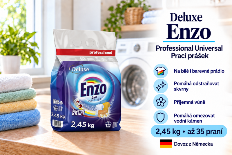 Deluxe Enzo Professional Universal prací prášek 2,45 kg na až 35 dávek ve světlé prádelně s přehledem benefitů
