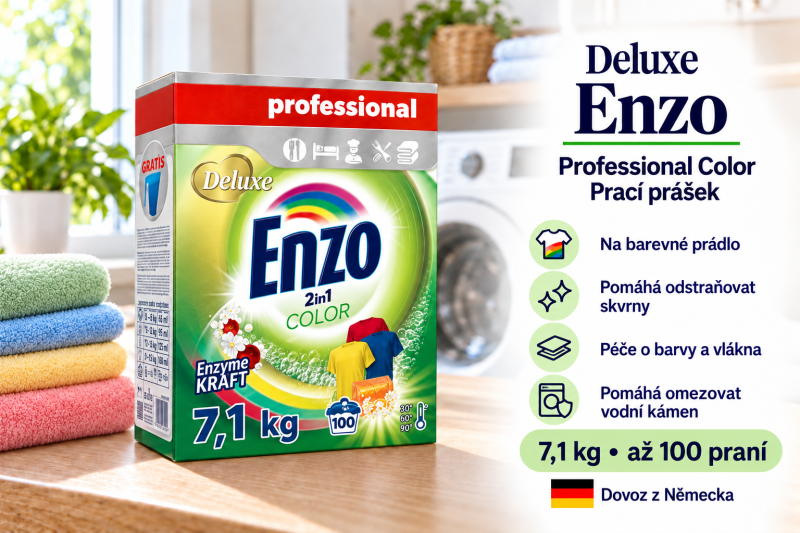 Deluxe Enzo Professional Color prací prášek 7,1 kg na až 100 dávek ve světlé prádelně s barevným prádlem a přehledem benefitů
