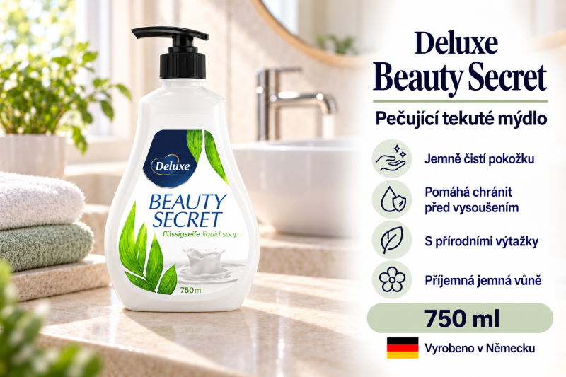 Deluxe Beauty Secret tekuté mýdlo 750 ml ve světlé koupelně se zelenými akcenty a přehledem benefitů