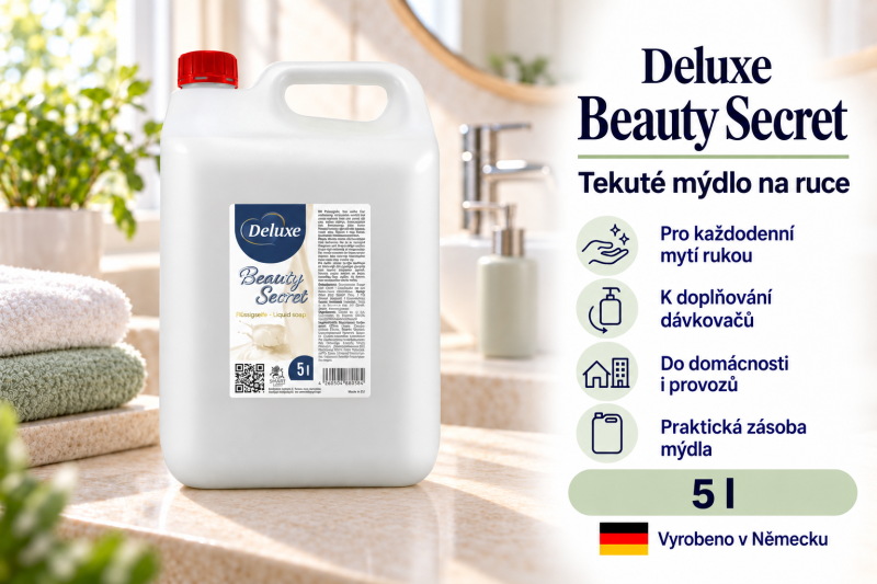 Deluxe Beauty Secret tekuté mýdlo 5 l v kanystříku ve světlé koupelně s dávkovačem a přehledem benefitů