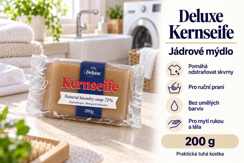 Deluxe Kernseife jádrové mýdlo 200 g ve světlé prádelně s přehledem použití na skvrny, ruční praní a osobní hygienu