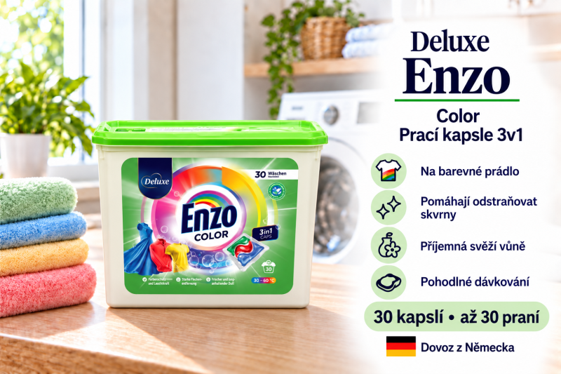 Deluxe Enzo Color prací kapsle 3v1 na barevné prádlo, 30 kapslí, ve světlé prádelně s přehledem benefitů