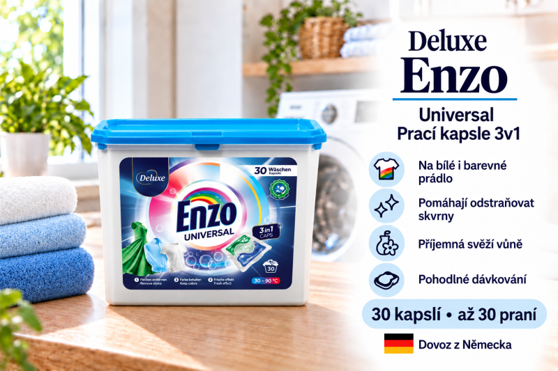 Deluxe Enzo Universal prací kapsle 3v1 na bílé i barevné prádlo, 30 kapslí, ve světlé prádelně s přehledem benefitů