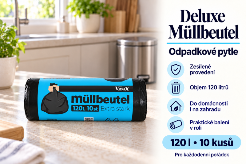 Černé odpadkové pytle Müllbeutel Extra stark 120 l, 10 ks, v modrém obalu ve světlé kuchyni s přehledem benefitů