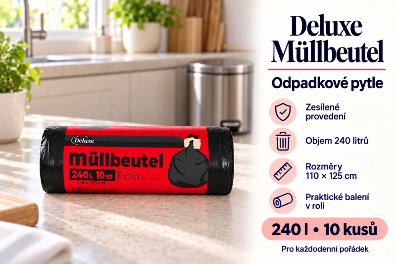 Deluxe Müllbeutel Extra stark černé odpadkové pytle 240 l, 10 ks, 110 × 125 cm, ve světlé kuchyni s přehledem benefitů