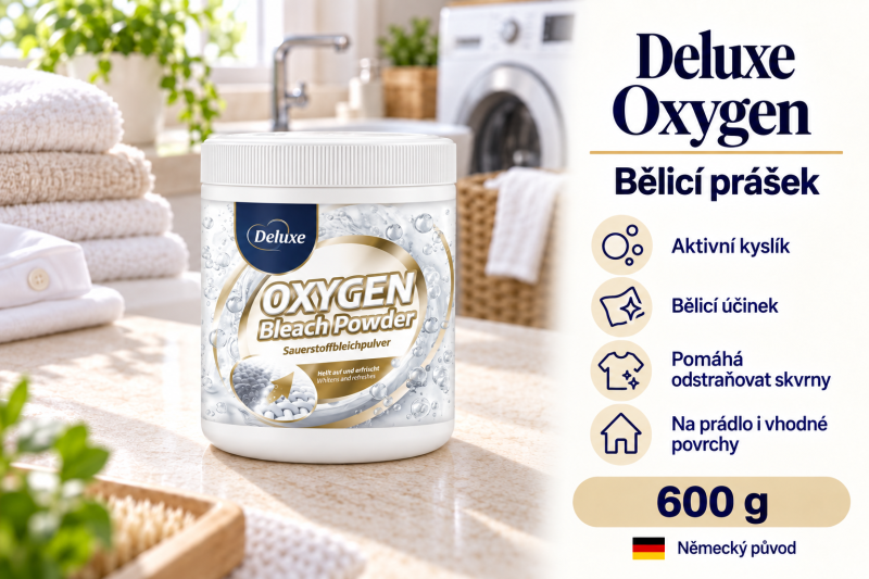 Deluxe Oxygen Bleach Powder bělicí prášek s aktivním kyslíkem 600 g ve světlé prádelně s přehledem benefitů