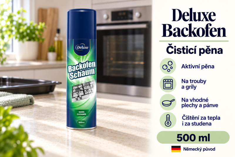 Deluxe Backofen Schaum čisticí pěna 500 ml ve světlé kuchyni s troubou a přehledem benefitů